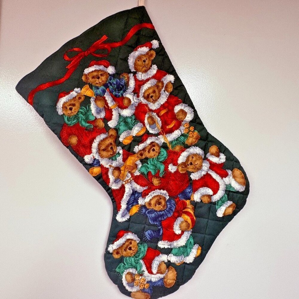 Vintage Quilted Christmas Stocking Large 21” Teddy Snowman Reversible